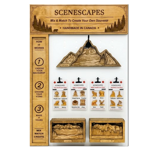 Scenescapes souvenir mountain-shaped wooden box set on a white background, showing the product packaging header, a assembled mountain ornament, four small boxed souvenir sets, and a vertical instructions panel explaining how to mix and match.