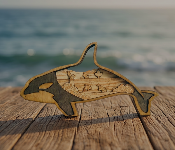 Wooden orca whale sculpture on a wooden surface with ocean in the background