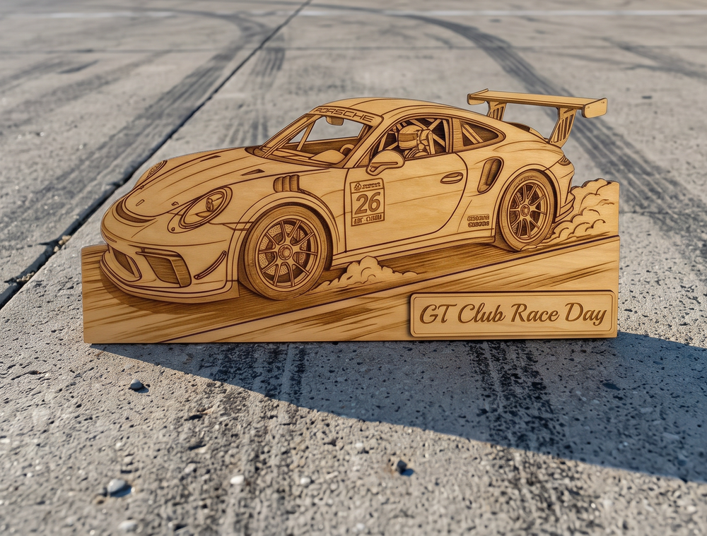 A rectangular wooden plaque featuring a laser-engraved illustration of a sports race car with the text 'GT Club Race Day' on a concrete pavement background.