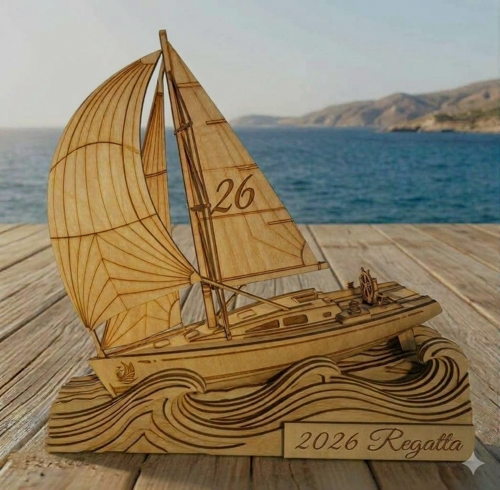 A laser-engraved wooden model of a sailboat on a wave-patterned base, displayed on a wooden deck with a blurred ocean and hills background. The sail features the number 26, and the base is engraved with '2026 Regatta'.
