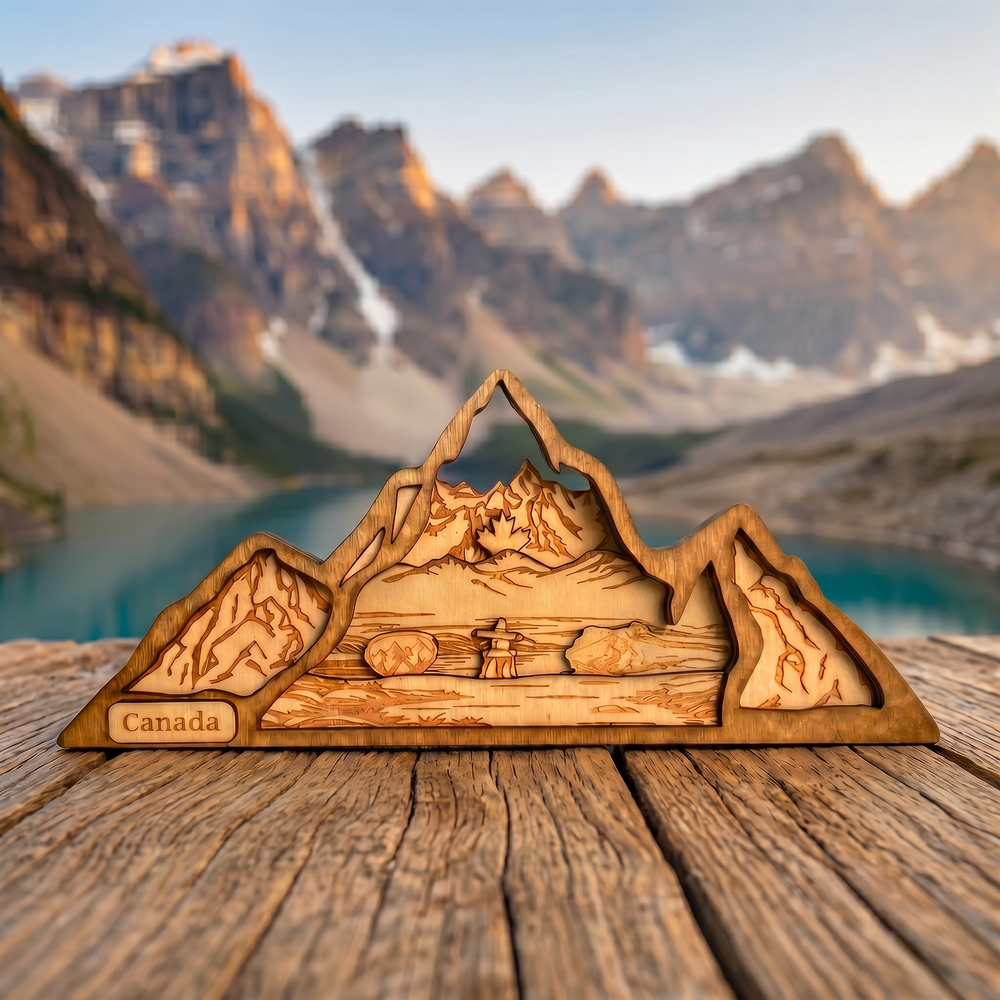 Wooden image of a cut mountain SceneScape with custom icons.