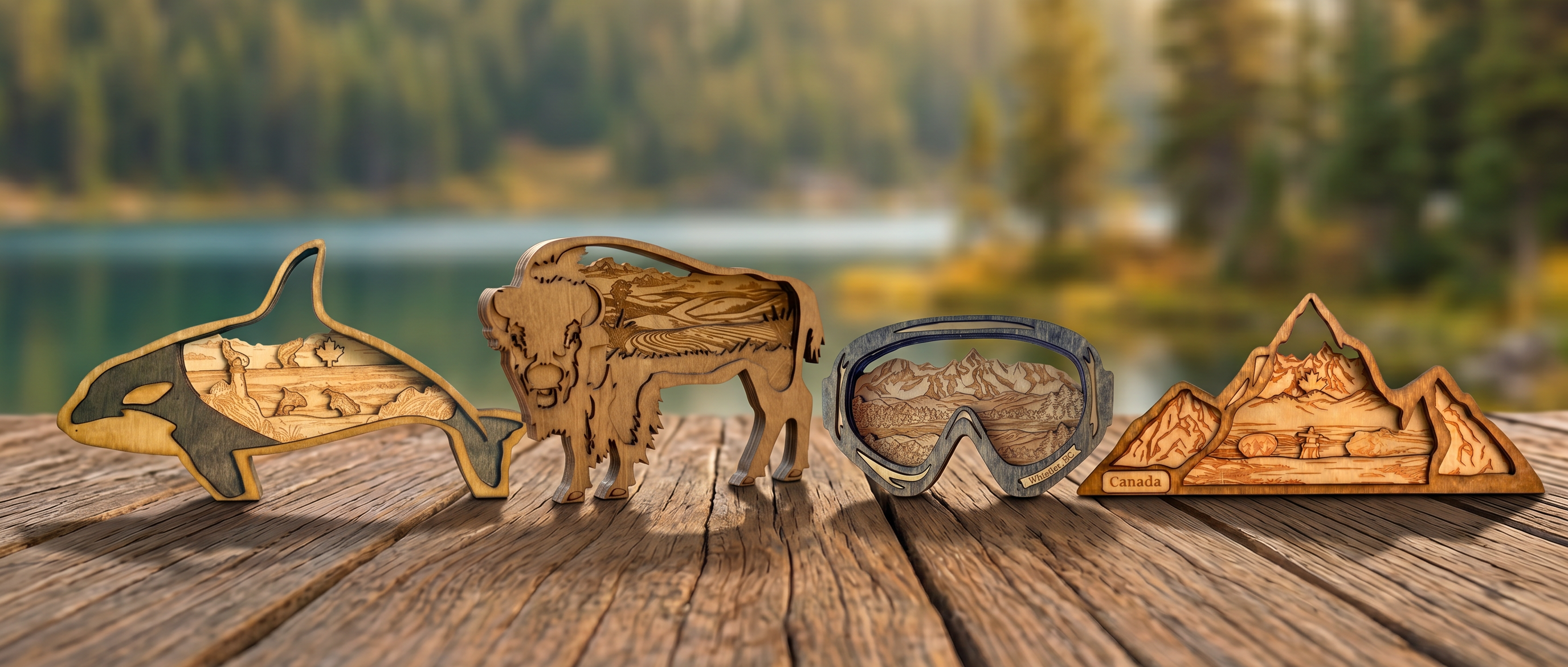 Four engraved wooden outdoor-themed items displayed on a wooden surface with a blurred forest and lake background: an orca-shaped piece, a buffalo figurine, ski goggles, and a mountain-shaped piece.